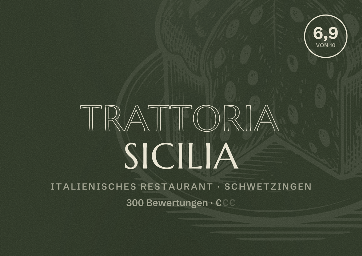 Illustriertes Poster von Trattoria Sicilia, Italienisches Restaurant in Schwetzingen: Bewertung 6,9 von 10 aus 300 Bewertungen, Preisniveau €