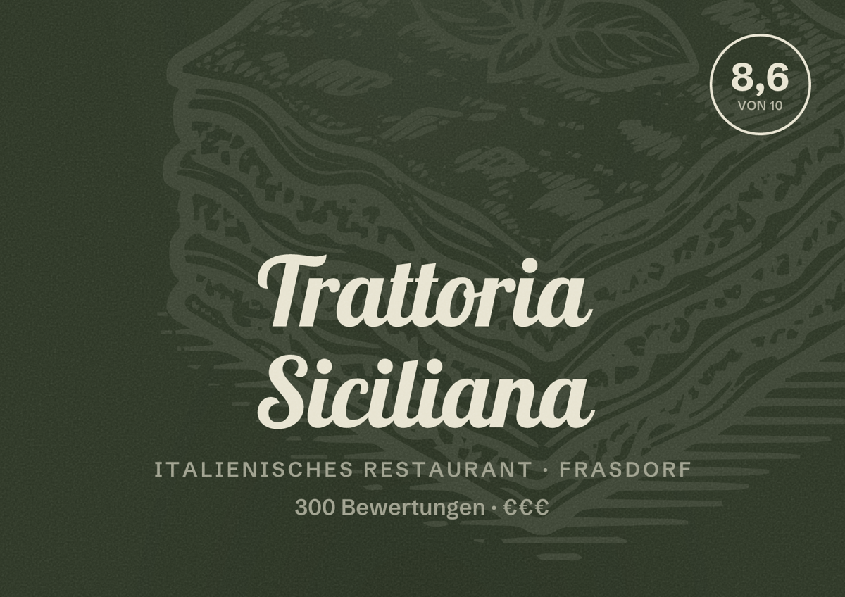Illustriertes Poster von Trattoria Siciliana, Italienisches Restaurant in Frasdorf: Bewertung 8,6 von 10 aus 300 Bewertungen, Preisniveau €€€