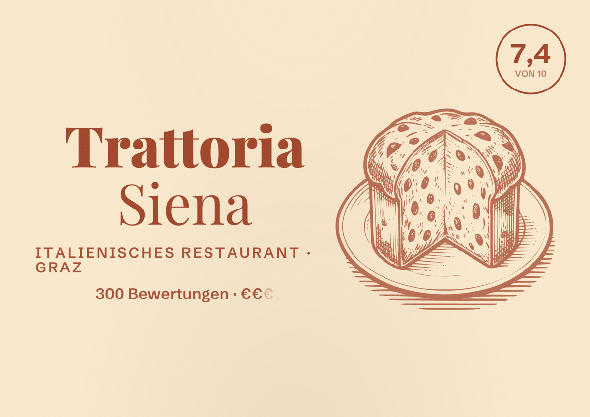 Illustriertes Poster von Trattoria Siena, Italienisches Restaurant in Graz: Bewertung 7,4 von 10 aus 300 Bewertungen, Preisniveau €€