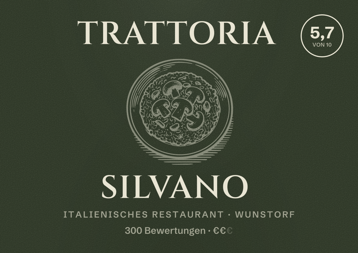 Illustriertes Poster von Trattoria Silvano, Italienisches Restaurant in Wunstorf: Bewertung 5,7 von 10 aus 300 Bewertungen, Preisniveau €€