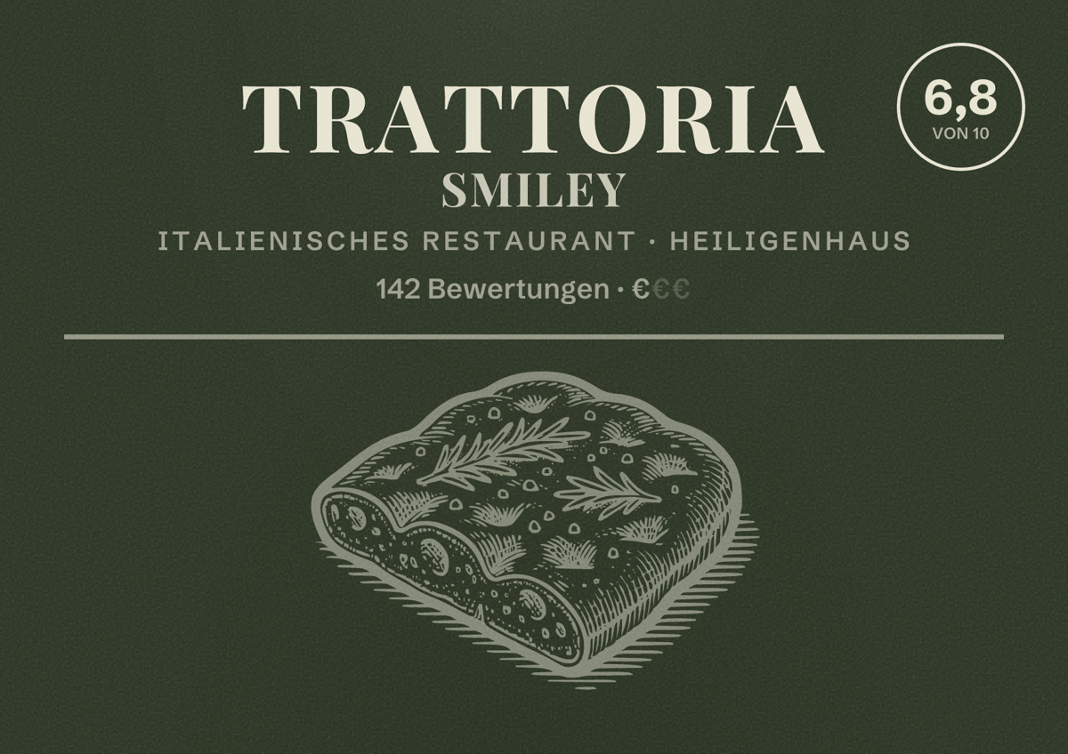 Illustriertes Poster von Trattoria Smiley, Italienisches Restaurant in Heiligenhaus: Bewertung 6,8 von 10 aus 142 Bewertungen, Preisniveau €