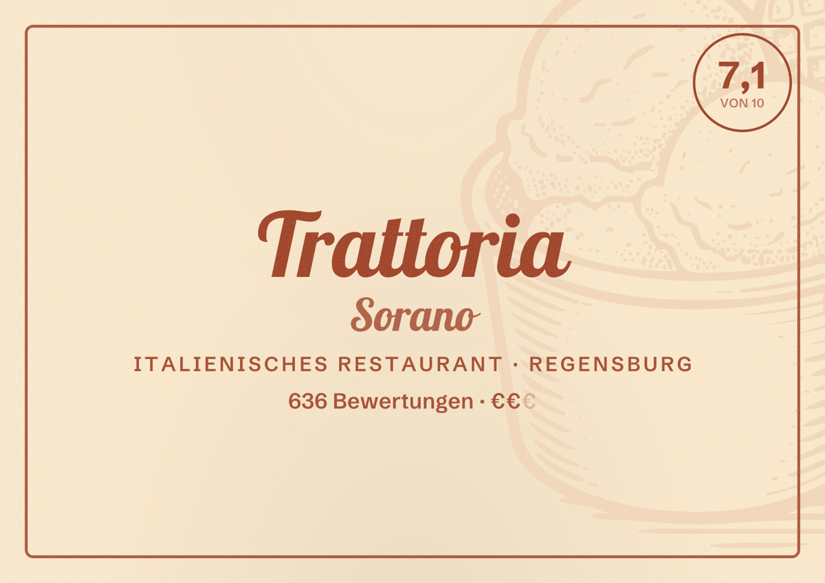 Illustriertes Poster von Trattoria Sorano, Italienisches Restaurant in Regensburg: Bewertung 7,1 von 10 aus 636 Bewertungen, Preisniveau €€