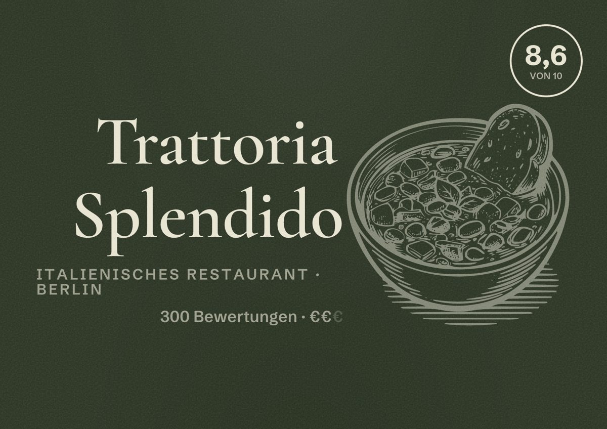 Illustriertes Poster von Trattoria Splendido, Italienisches Restaurant in Berlin: Bewertung 8,6 von 10 aus 300 Bewertungen, Preisniveau €€
