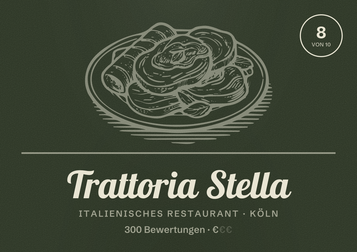Illustriertes Poster von Trattoria Stella, Italienisches Restaurant in Köln: Bewertung 8,0 von 10 aus 300 Bewertungen, Preisniveau €