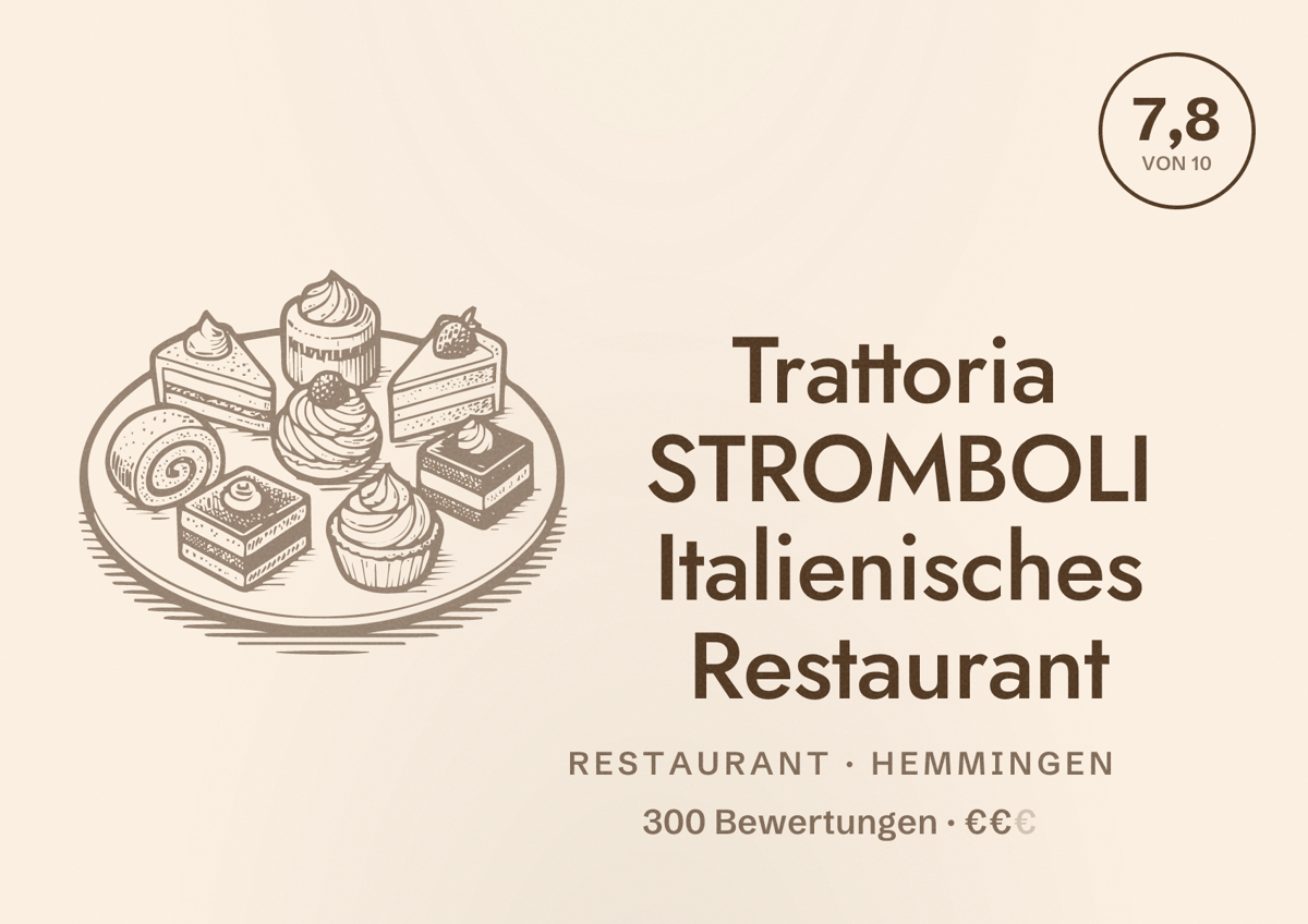 Illustriertes Poster von Trattoria STROMBOLI Italienisches Restaurant, Restaurant in Hemmingen: Bewertung 7,8 von 10 aus 300 Bewertungen, Preisniveau €€
