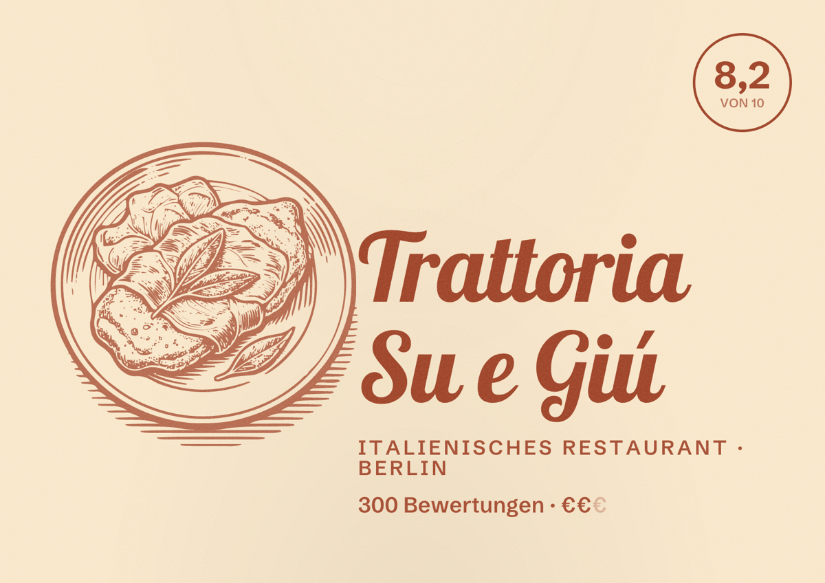 Illustriertes Poster von Trattoria Su e Giú, Italienisches Restaurant in Berlin: Bewertung 8,2 von 10 aus 300 Bewertungen, Preisniveau €€