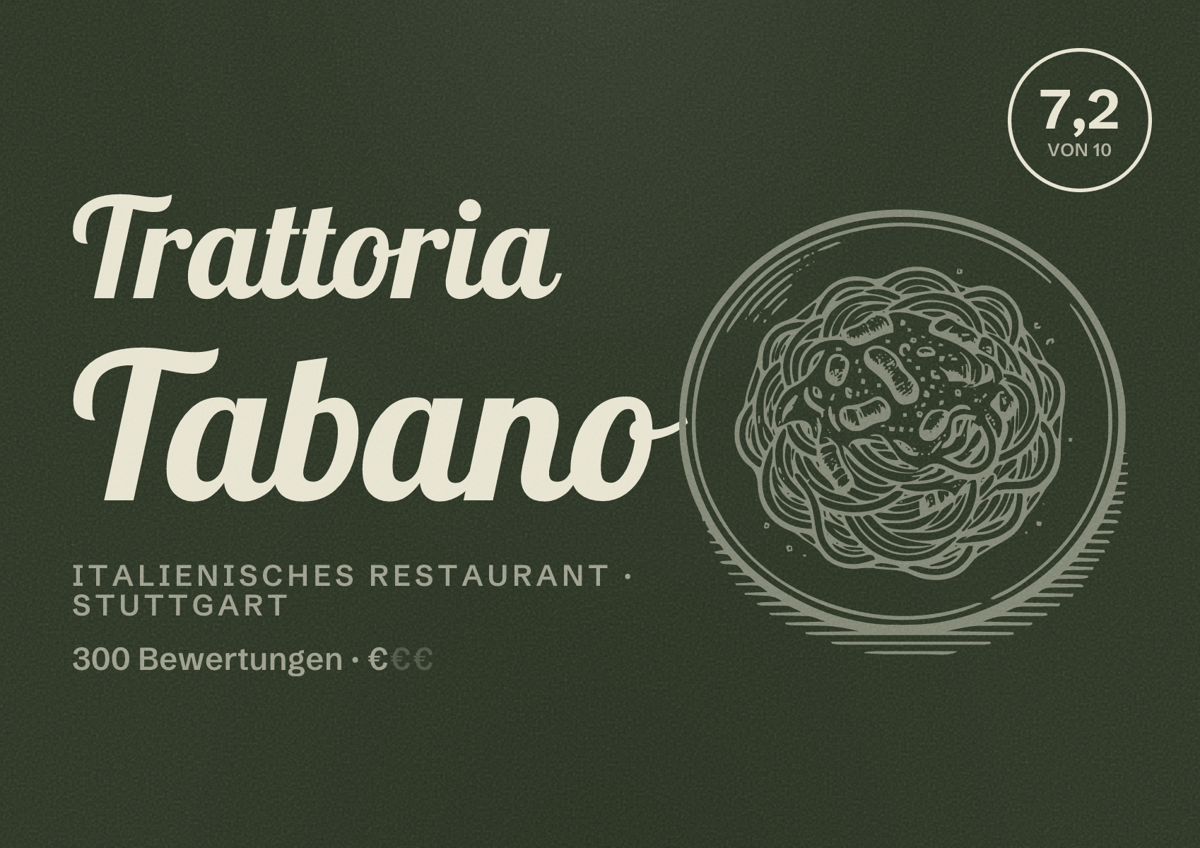 Illustriertes Poster von Trattoria Tabano, Italienisches Restaurant in Stuttgart: Bewertung 7,2 von 10 aus 300 Bewertungen, Preisniveau €