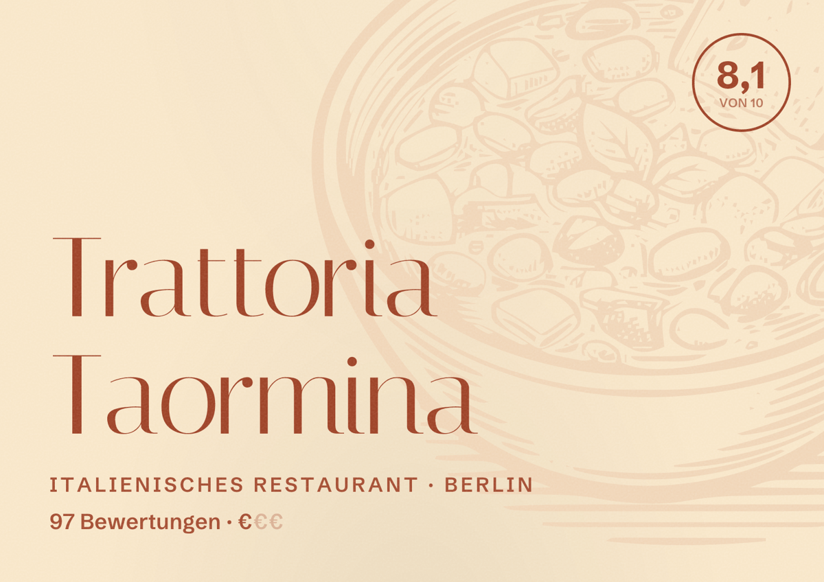 Illustriertes Poster von Trattoria Taormina, Italienisches Restaurant in Berlin: Bewertung 8,1 von 10 aus 97 Bewertungen, Preisniveau €