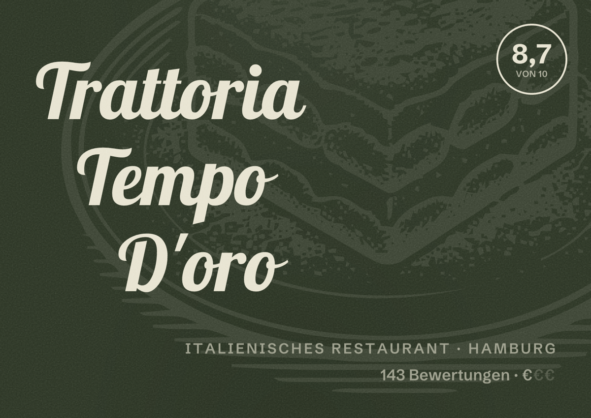 Illustriertes Poster von Trattoria Tempo D'oro, Italienisches Restaurant in Hamburg: Bewertung 8,7 von 10 aus 143 Bewertungen, Preisniveau €