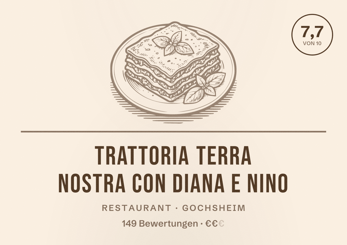 Illustriertes Poster von Trattoria Terra Nostra con Diana e Nino, Restaurant in Gochsheim: Bewertung 7,7 von 10 aus 149 Bewertungen, Preisniveau €€