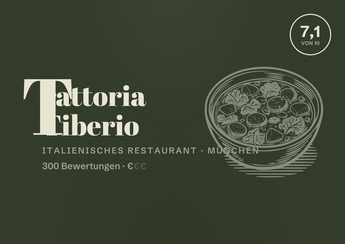 Illustriertes Poster von Trattoria Tiberio, Italienisches Restaurant in München: Bewertung 7,1 von 10 aus 300 Bewertungen, Preisniveau €