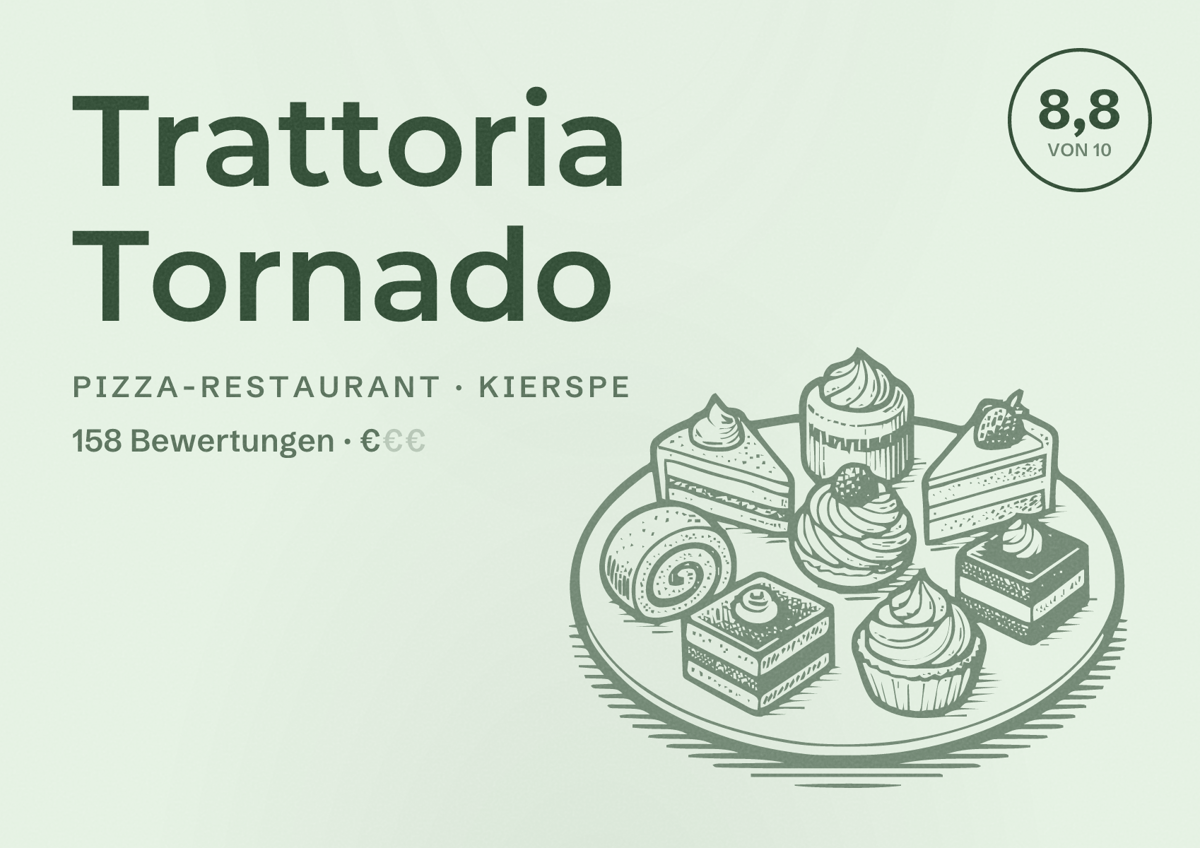 Illustriertes Poster von Trattoria Tornado, Pizza-Restaurant in Kierspe: Bewertung 8,8 von 10 aus 158 Bewertungen, Preisniveau €