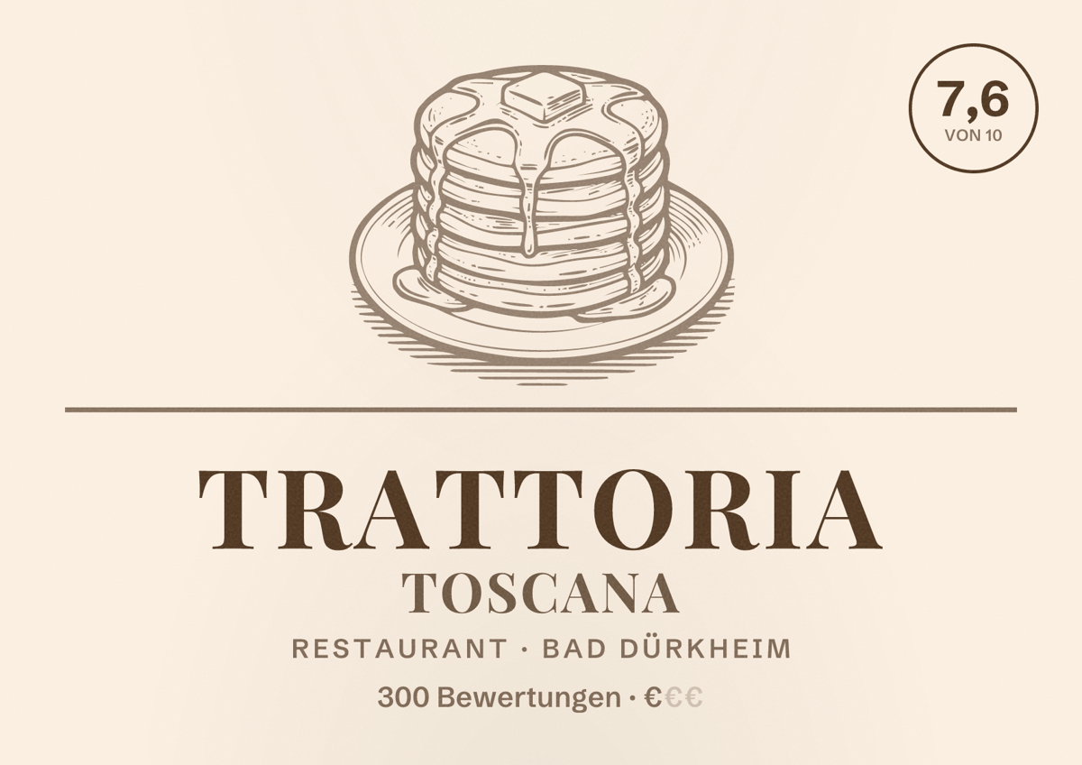 Illustriertes Poster von Trattoria Toscana, Restaurant in Bad Dürkheim: Bewertung 7,6 von 10 aus 300 Bewertungen, Preisniveau €