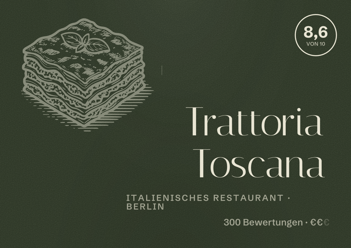 Illustriertes Poster von Trattoria Toscana, Italienisches Restaurant in Berlin: Bewertung 8,6 von 10 aus 300 Bewertungen, Preisniveau €€