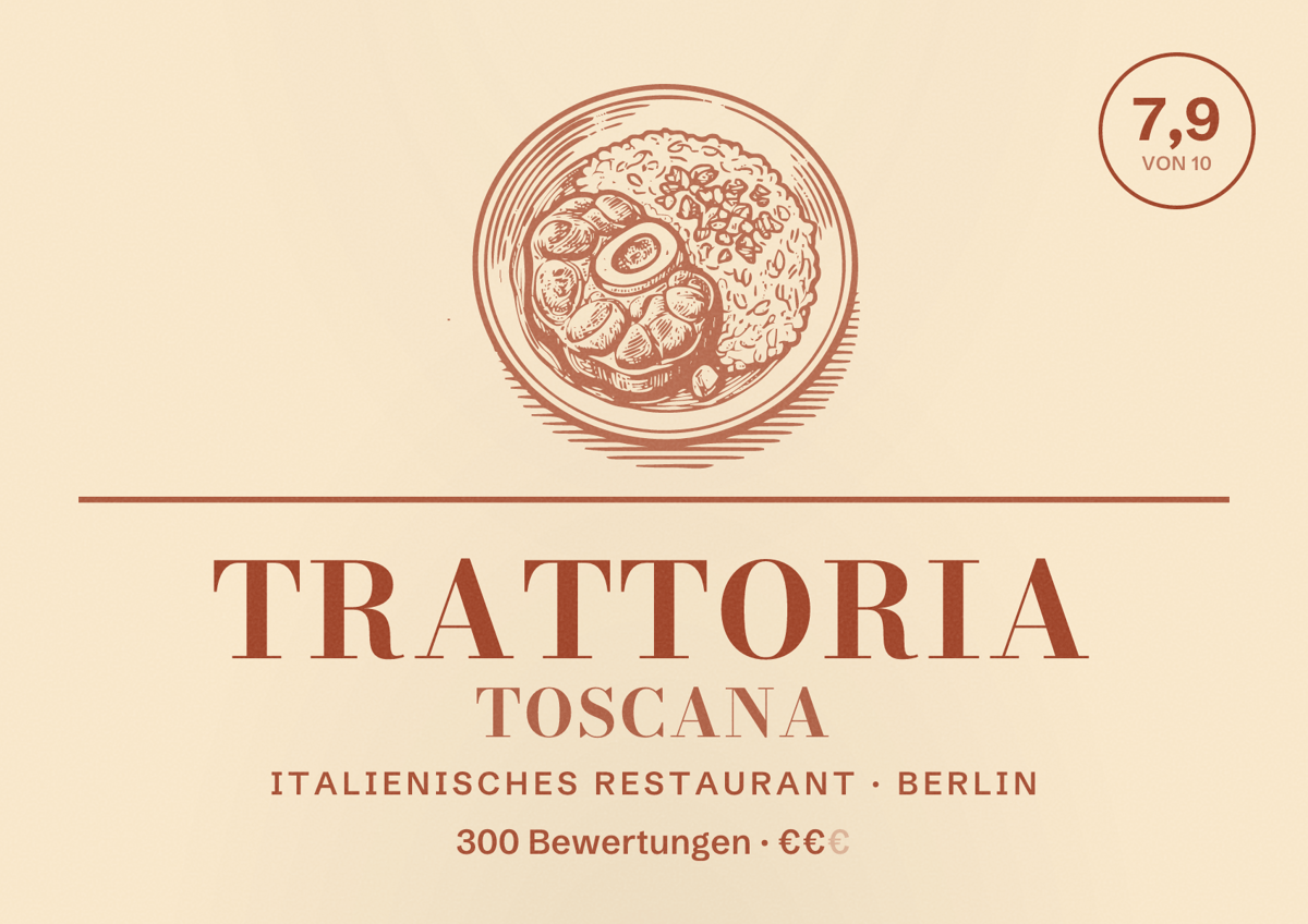 Illustriertes Poster von Trattoria Toscana, Italienisches Restaurant in Berlin: Bewertung 7,9 von 10 aus 300 Bewertungen, Preisniveau €€