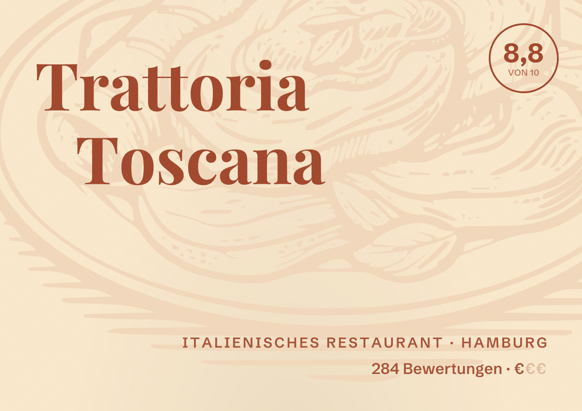 Illustriertes Poster von Trattoria Toscana, Italienisches Restaurant in Hamburg: Bewertung 8,8 von 10 aus 284 Bewertungen, Preisniveau €