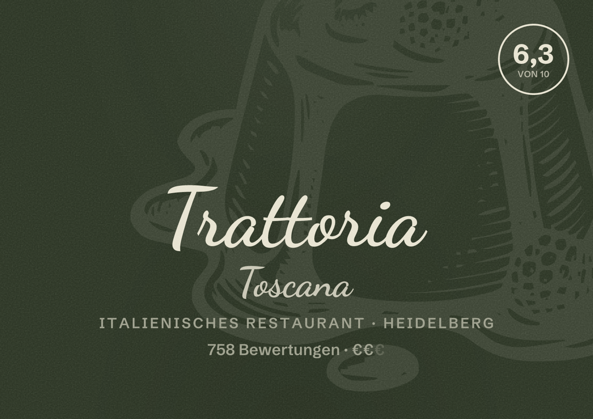 Illustriertes Poster von Trattoria Toscana, Italienisches Restaurant in Heidelberg: Bewertung 6,3 von 10 aus 758 Bewertungen, Preisniveau €€