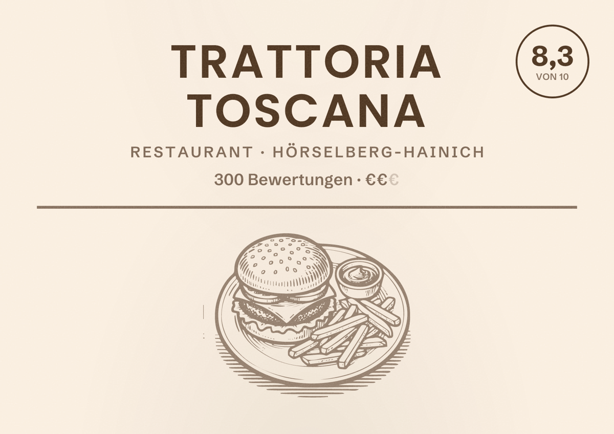 Illustriertes Poster von Trattoria Toscana, Restaurant in Hörselberg-Hainich: Bewertung 8,3 von 10 aus 300 Bewertungen, Preisniveau €€