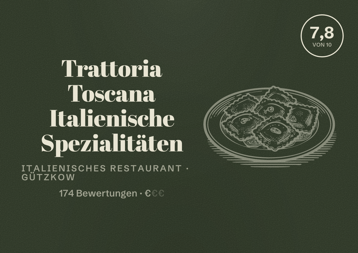 Illustriertes Poster von Trattoria Toscana Italienische Spezialitäten, Italienisches Restaurant in Gützkow: Bewertung 7,8 von 10 aus 174 Bewertungen, Preisniveau €