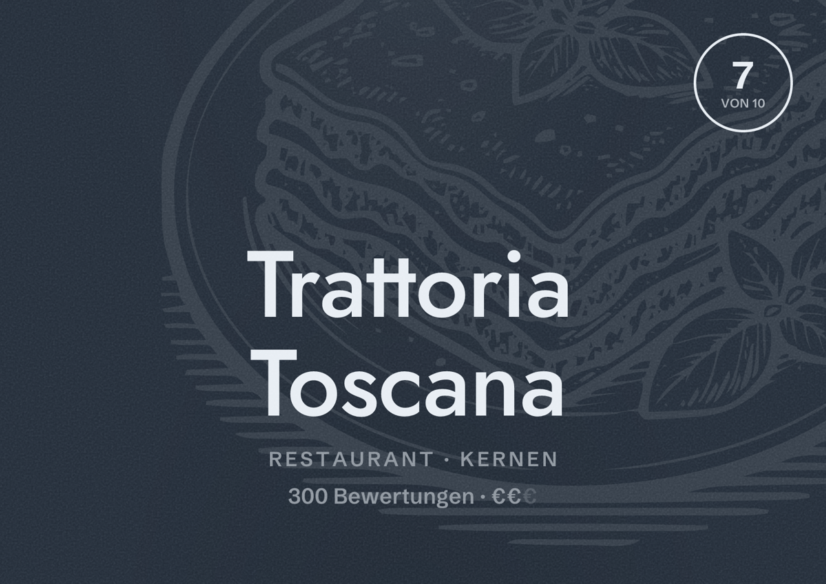 Illustriertes Poster von Trattoria Toscana, Restaurant in Kernen: Bewertung 7 von 10 aus 300 Bewertungen, Preisniveau €€