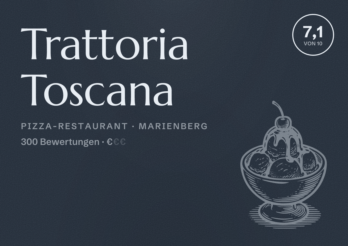Illustriertes Poster von Trattoria Toscana, Pizza-Restaurant in Marienberg: Bewertung 7,1 von 10 aus 300 Bewertungen, Preisniveau €
