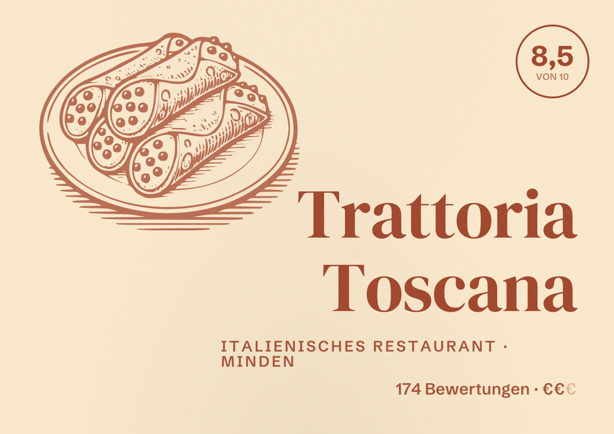 Illustriertes Poster von Trattoria Toscana, Italienisches Restaurant in Minden: Bewertung 8,5 von 10 aus 174 Bewertungen, Preisniveau €€