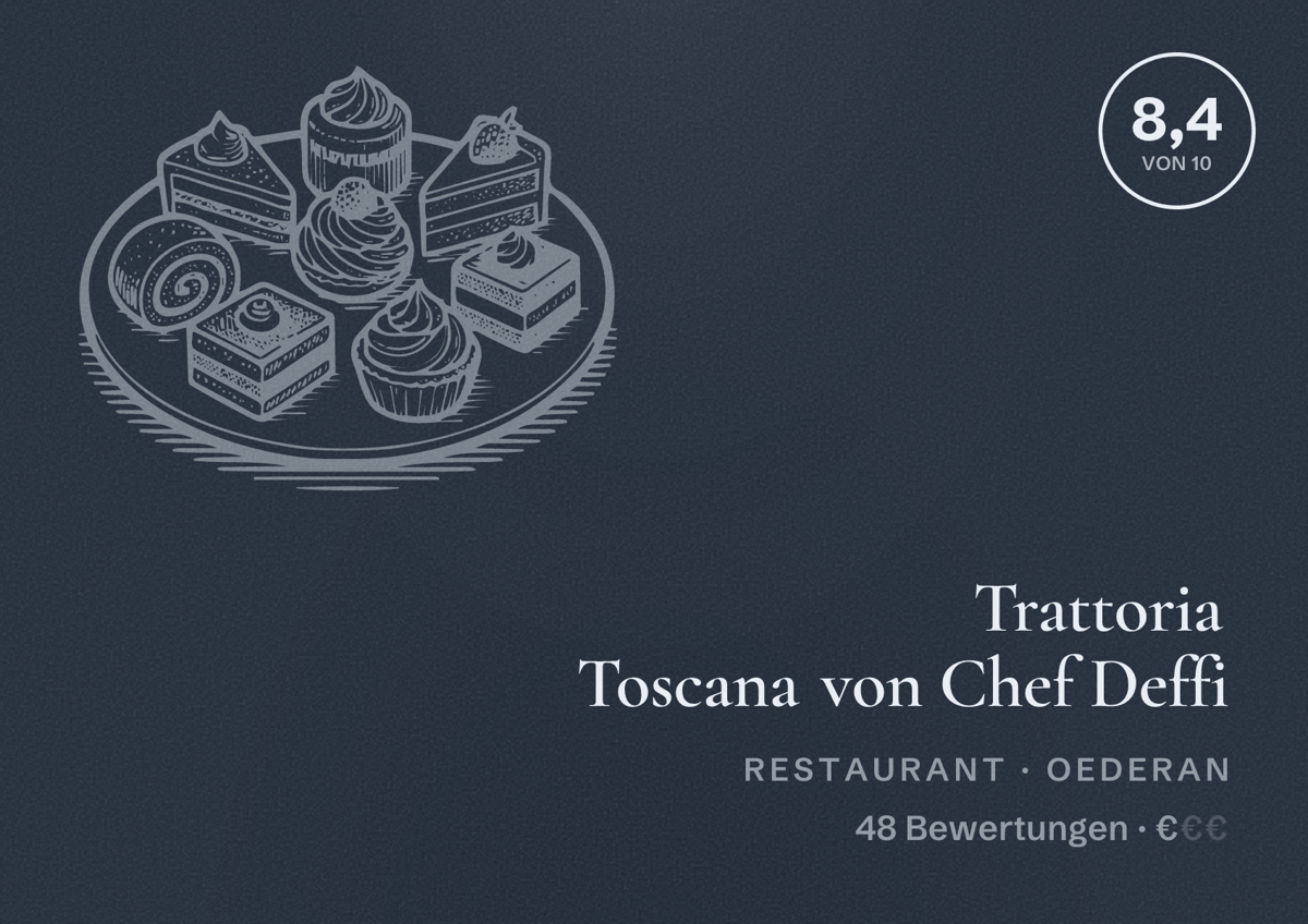 Illustriertes Poster von Trattoria Toscana von Chef Deffi, Restaurant in Oederan: Bewertung 8,4 von 10 aus 48 Bewertungen, Preisniveau €