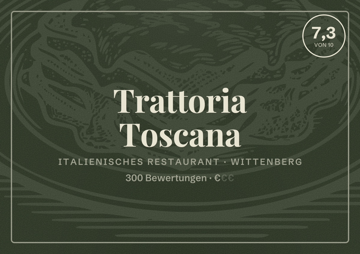 Illustriertes Poster von Trattoria Toscana, Italienisches Restaurant in Wittenberg: Bewertung 7,3 von 10 aus 300 Bewertungen, Preisniveau €