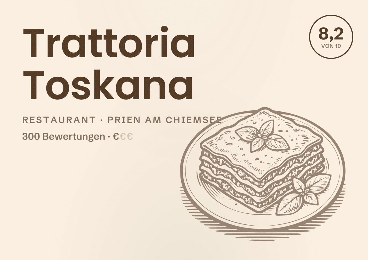 Illustriertes Poster von Trattoria Toskana, Restaurant in Prien am Chiemsee: Bewertung 8,2 von 10 aus 300 Bewertungen, Preisniveau €