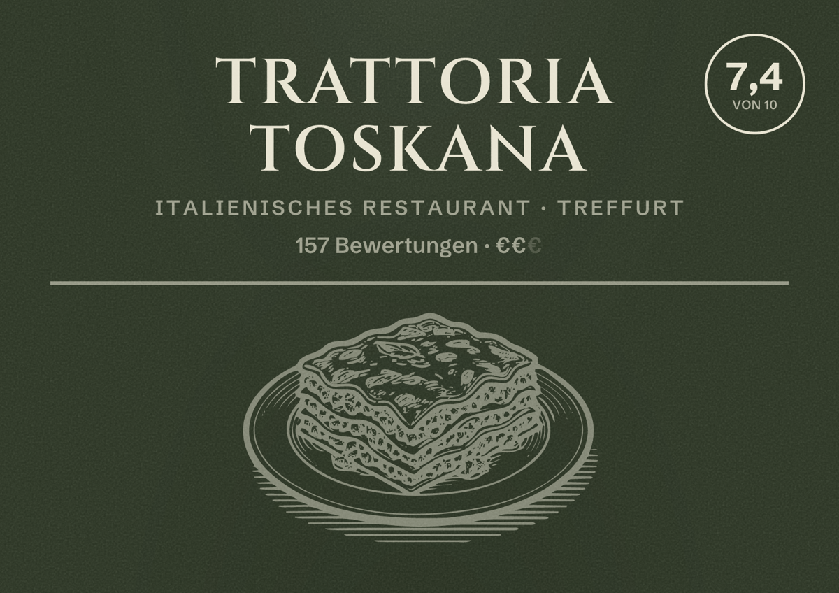 Illustriertes Poster von Trattoria Toskana, Italienisches Restaurant in Treffurt: Bewertung 7,4 von 10 aus 157 Bewertungen, Preisniveau €€