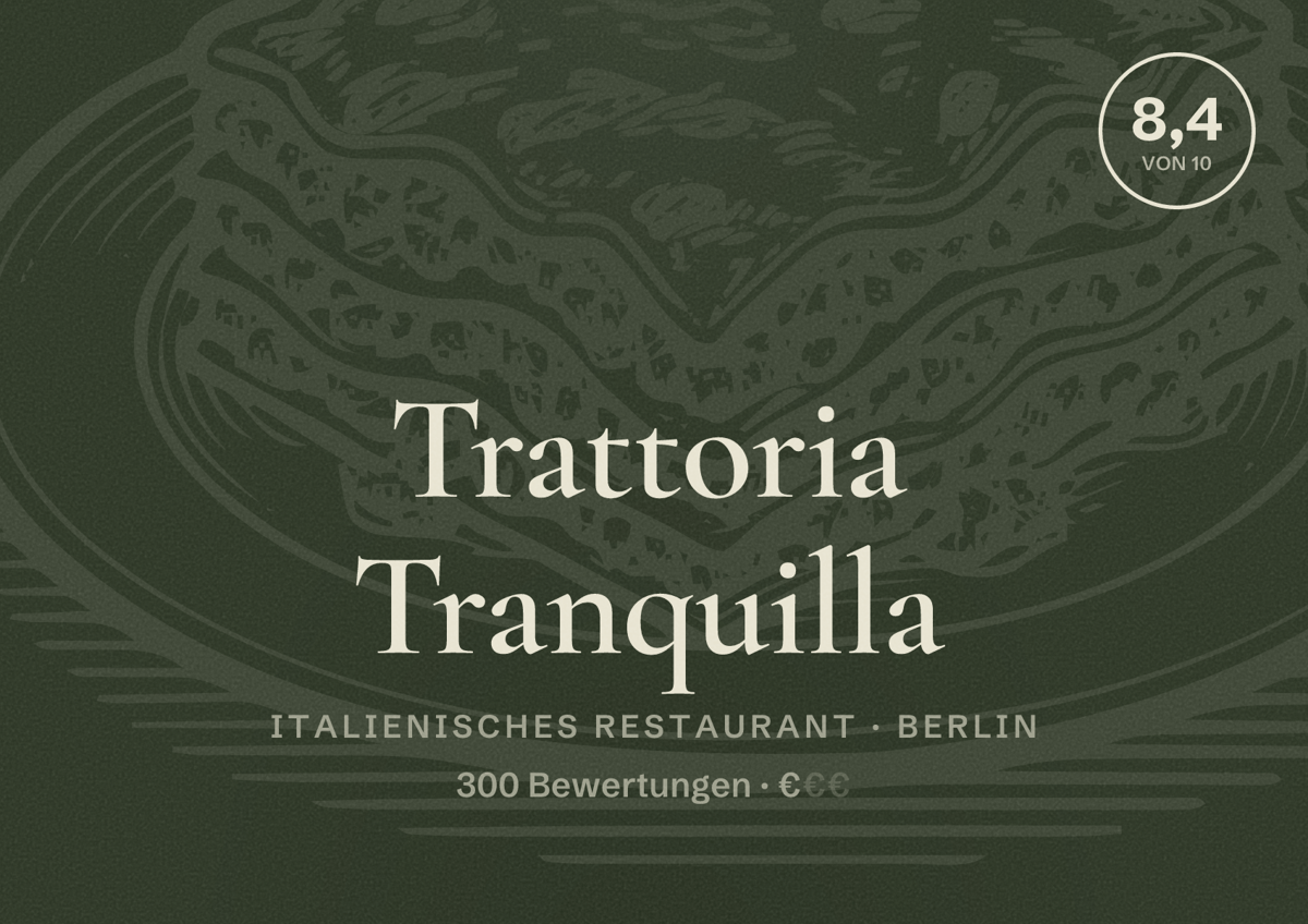 Illustriertes Poster von Trattoria Tranquilla, Italienisches Restaurant in Berlin: Bewertung 8,4 von 10 aus 300 Bewertungen, Preisniveau €