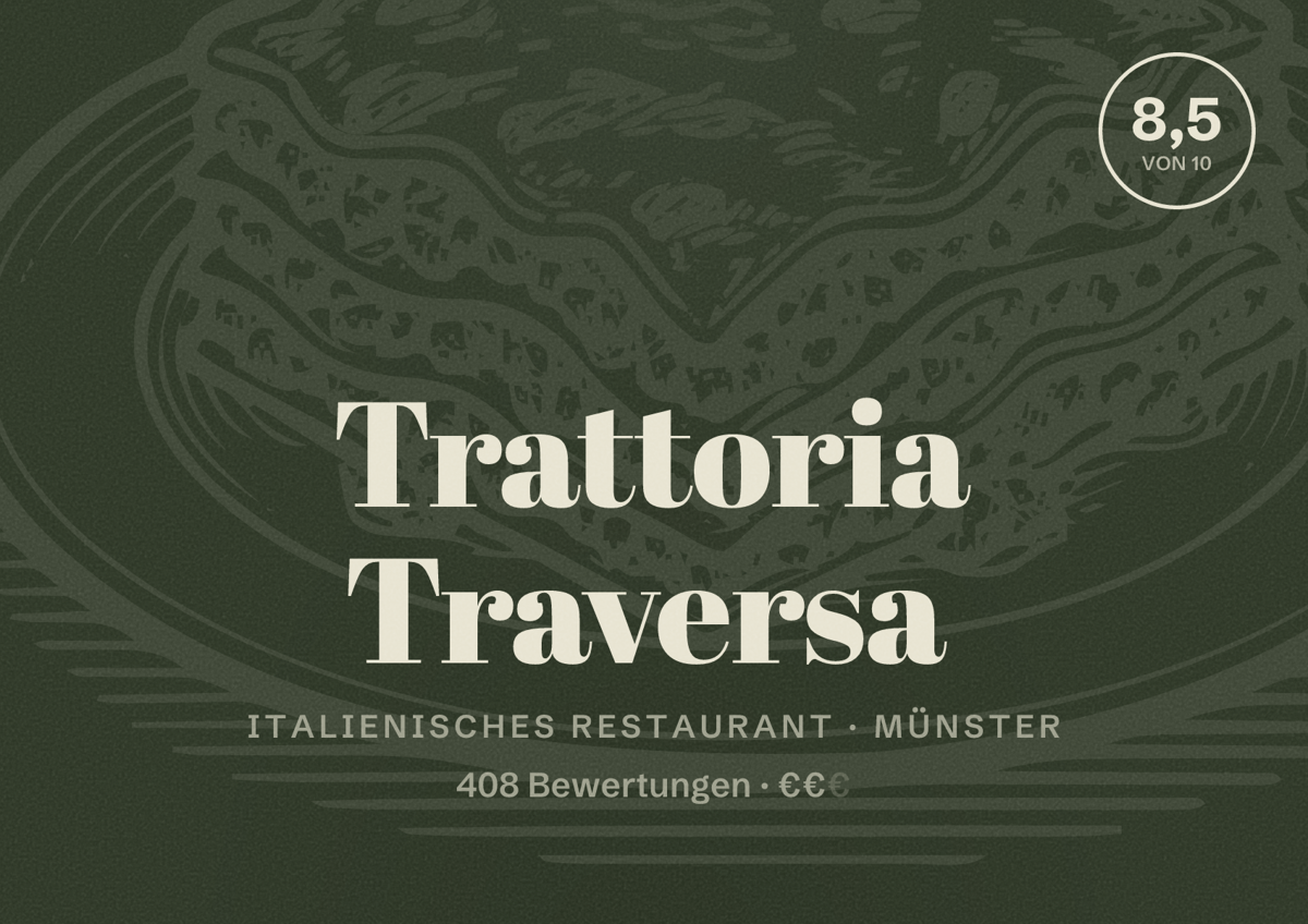 Illustriertes Poster von Trattoria Traversa, Italienisches Restaurant in Münster: Bewertung 8,5 von 10 aus 408 Bewertungen, Preisniveau €€