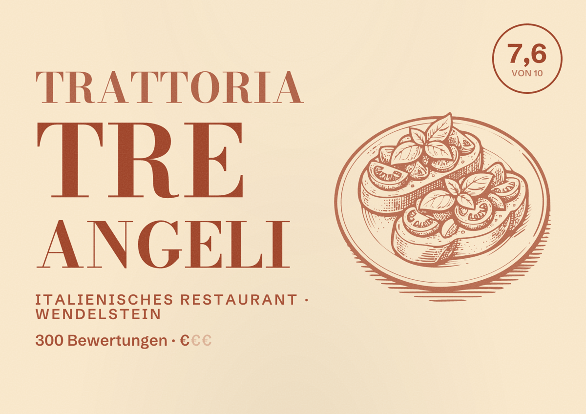 Illustriertes Poster von Trattoria Tre Angeli, Italienisches Restaurant in Wendelstein: Bewertung 7,6 von 10 aus 300 Bewertungen, Preisniveau €