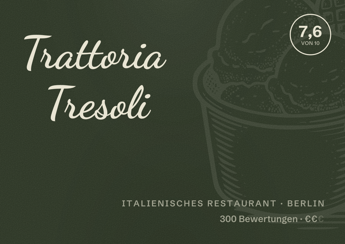 Illustriertes Poster von Trattoria Tresoli, Italienisches Restaurant in Berlin: Bewertung 7,6 von 10 aus 300 Bewertungen, Preisniveau €€