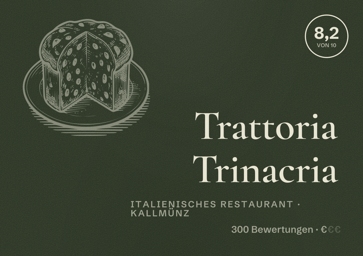 Illustriertes Poster von Trattoria Trinacria, Italienisches Restaurant in Kallmünz: Bewertung 8,2 von 10 aus 300 Bewertungen, Preisniveau €