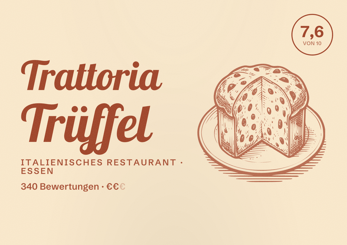 Illustriertes Poster von Trattoria Trüffel, Italienisches Restaurant in Essen: Bewertung 7,6 von 10 aus 340 Bewertungen, Preisniveau €€