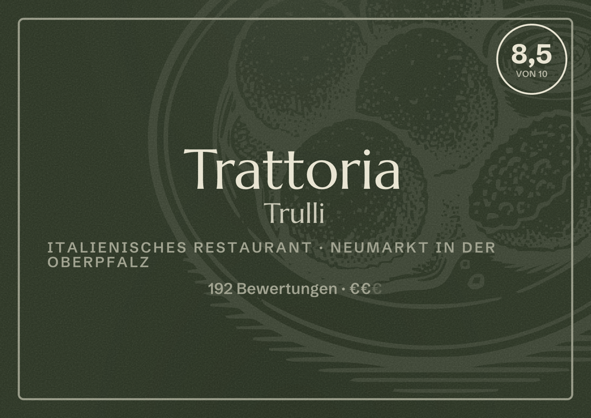 Illustriertes Poster von Trattoria Trulli, Italienisches Restaurant in Neumarkt in der Oberpfalz: Bewertung 8,5 von 10 aus 192 Bewertungen, Preisniveau €€