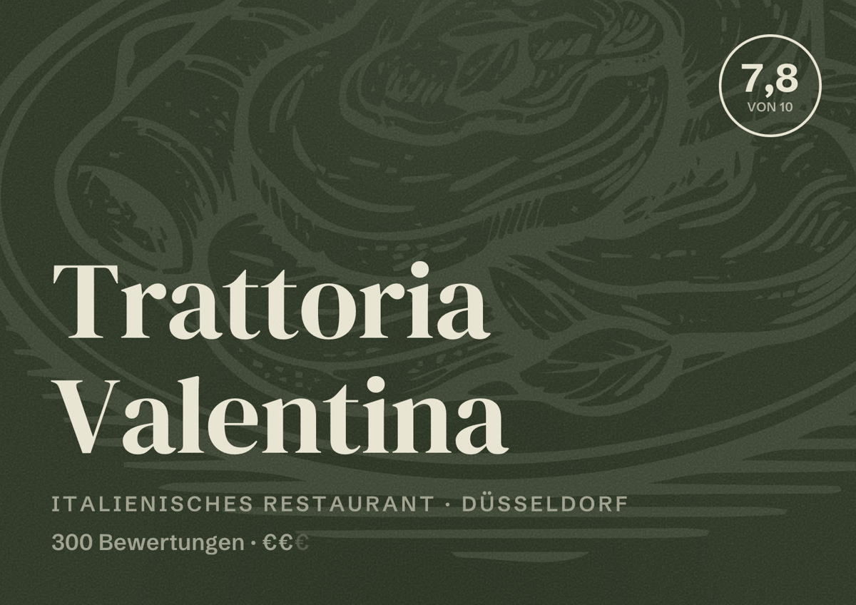 Illustriertes Poster von Trattoria Valentina, Italienisches Restaurant in Düsseldorf: Bewertung 7,8 von 10 aus 300 Bewertungen, Preisniveau €€