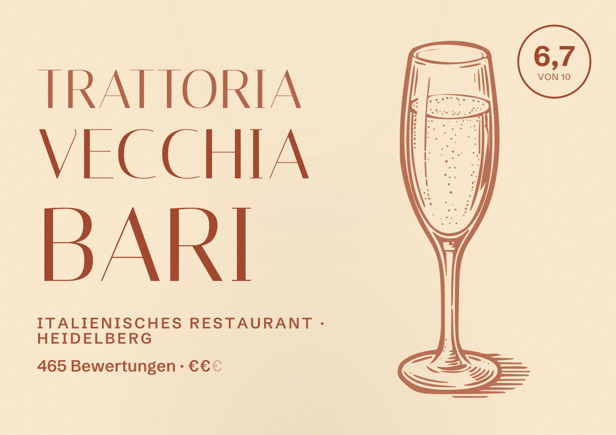Illustriertes Poster von Trattoria Vecchia Bari, Italienisches Restaurant in Heidelberg: Bewertung 6,7 von 10 aus 465 Bewertungen, Preisniveau €€