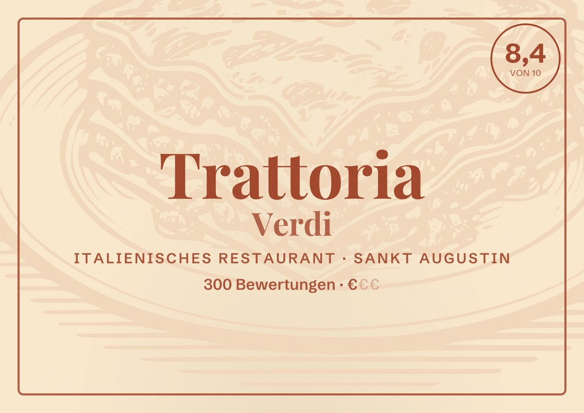 Illustriertes Poster von Trattoria Verdi, Italienisches Restaurant in Sankt Augustin: Bewertung 8,4 von 10 aus 300 Bewertungen, Preisniveau €