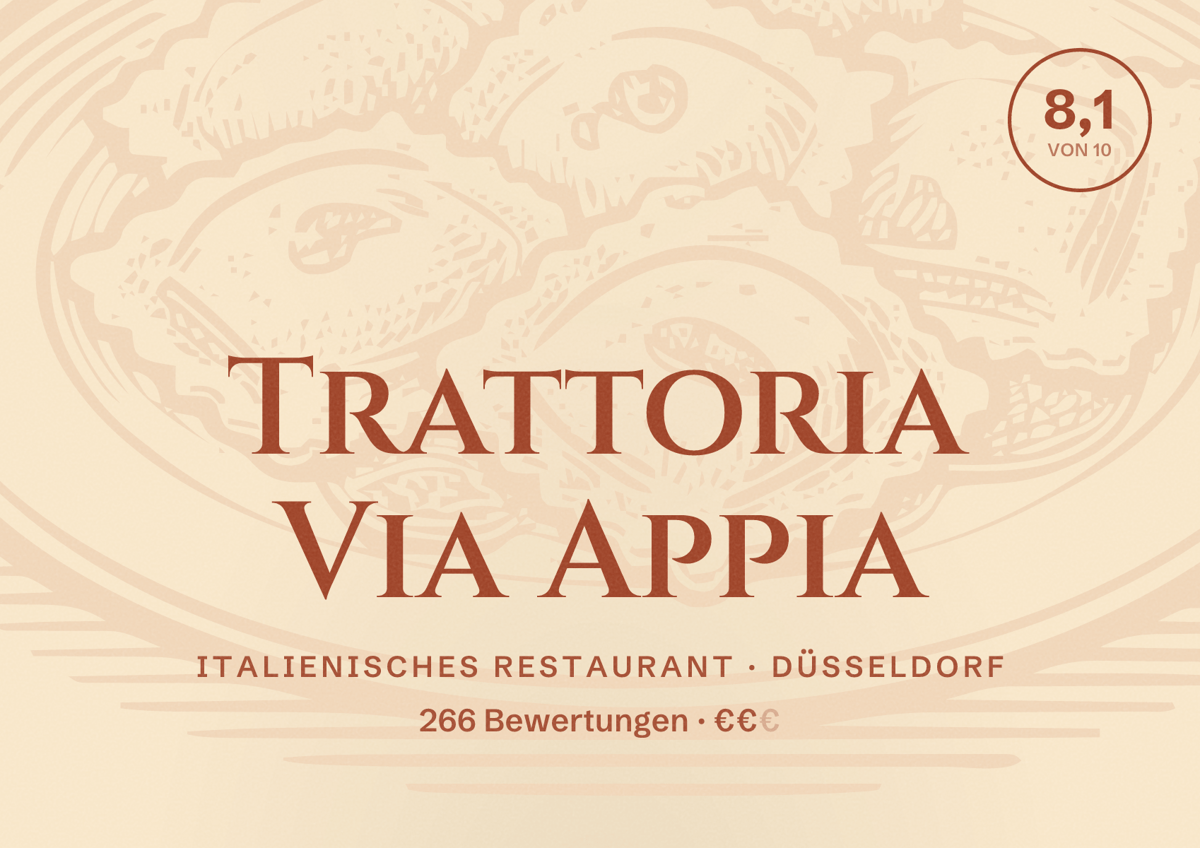Illustriertes Poster von Trattoria Via Appia, Italienisches Restaurant in Düsseldorf: Bewertung 8,1 von 10 aus 266 Bewertungen, Preisniveau €€