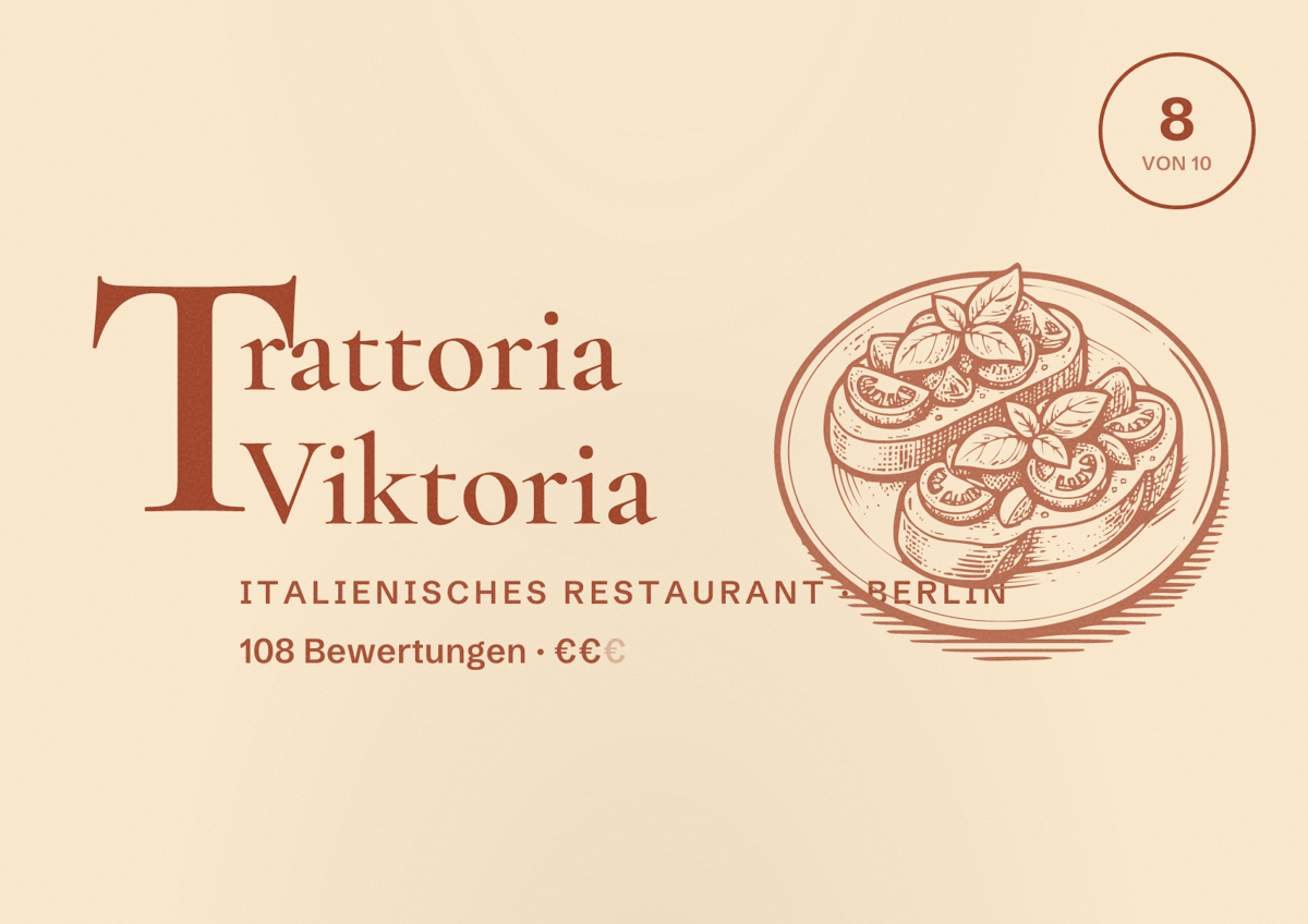 Illustriertes Poster von Trattoria Viktoria, Italienisches Restaurant in Berlin: Bewertung 8,0 von 10 aus 108 Bewertungen, Preisniveau €€