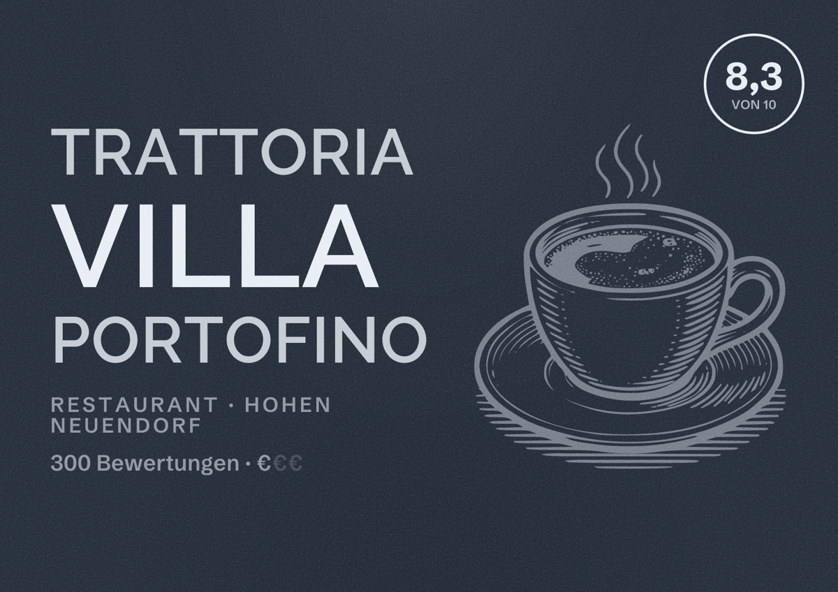 Illustriertes Poster von Trattoria Villa Portofino, Restaurant in Hohen Neuendorf: Bewertung 8,3 von 10 aus 300 Bewertungen, Preisniveau €