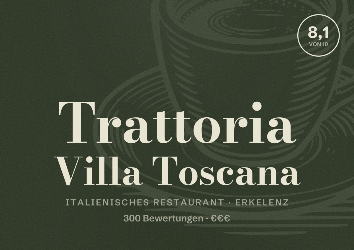 Illustriertes Poster von Trattoria Villa Toscana, Italienisches Restaurant in Erkelenz: Bewertung 8,1 von 10 aus 300 Bewertungen, Preisniveau €€€