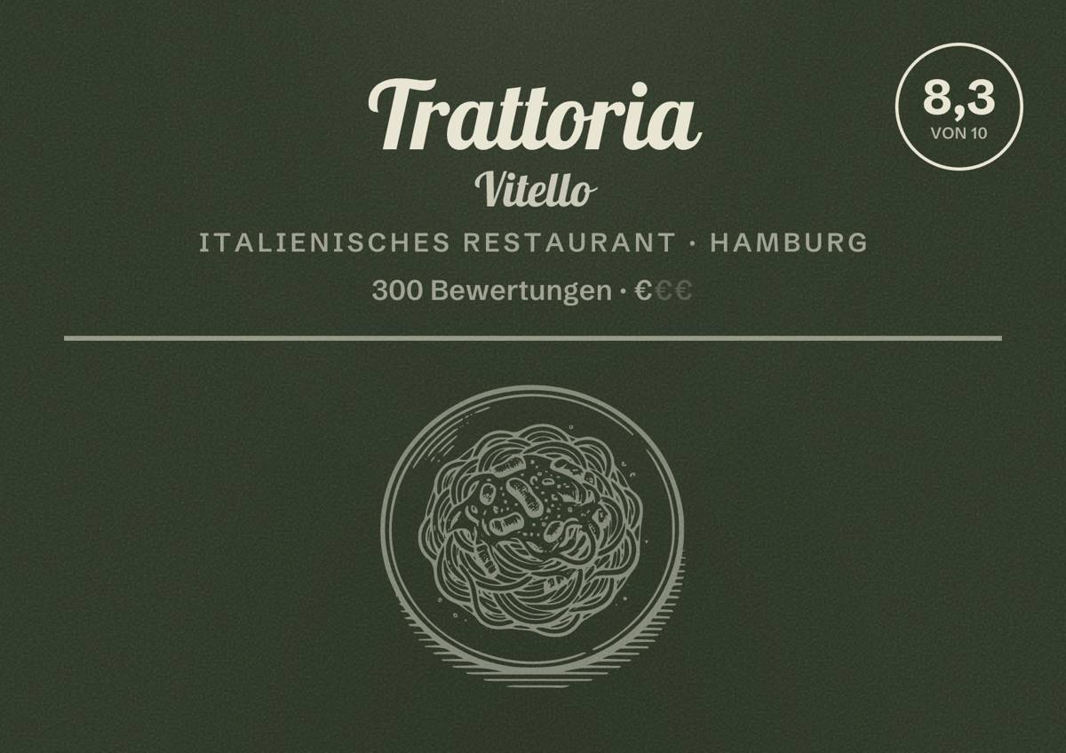 Illustriertes Poster von Trattoria Vitello, Italienisches Restaurant in Hamburg: Bewertung 8,3 von 10 aus 300 Bewertungen, Preisniveau €