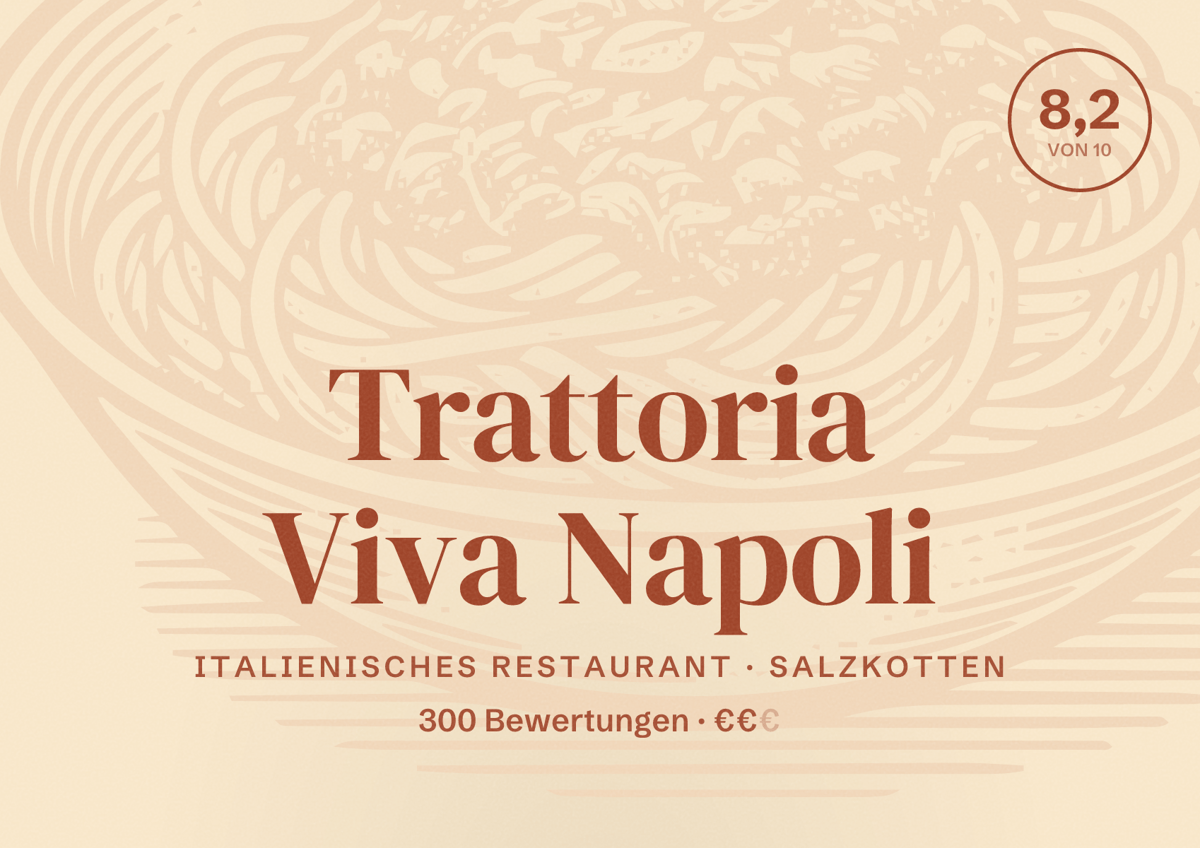 Illustriertes Poster von Trattoria Viva Napoli, Italienisches Restaurant in Salzkotten: Bewertung 8,2 von 10 aus 300 Bewertungen, Preisniveau €€
