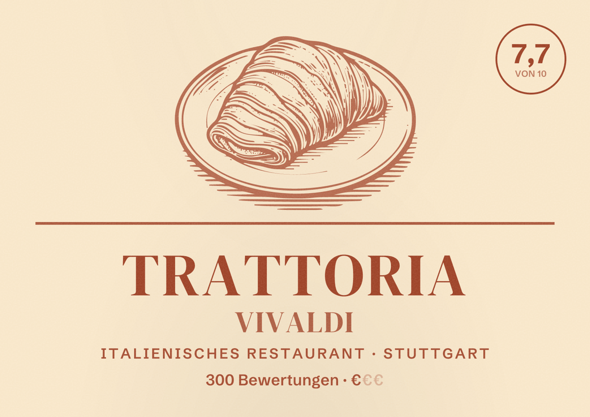 Illustriertes Poster von Trattoria Vivaldi, Italienisches Restaurant in Stuttgart: Bewertung 7,7 von 10 aus 300 Bewertungen, Preisniveau €