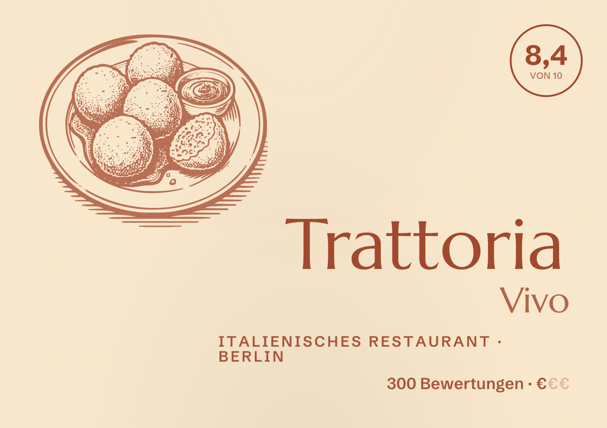 Illustriertes Poster von Trattoria Vivo, Italienisches Restaurant in Berlin: Bewertung 8,4 von 10 aus 300 Bewertungen, Preisniveau €