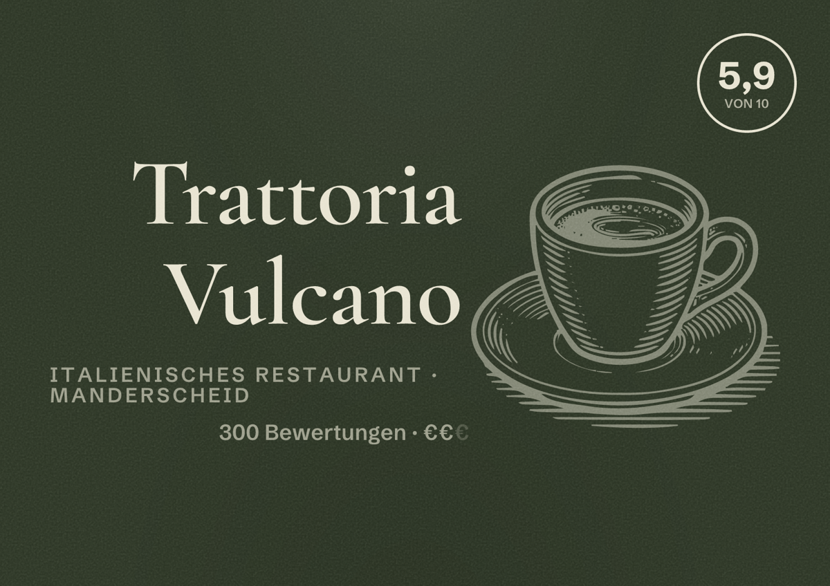 Illustriertes Poster von Trattoria Vulcano, Italienisches Restaurant in Manderscheid: Bewertung 5,9 von 10 aus 300 Bewertungen, Preisniveau €€