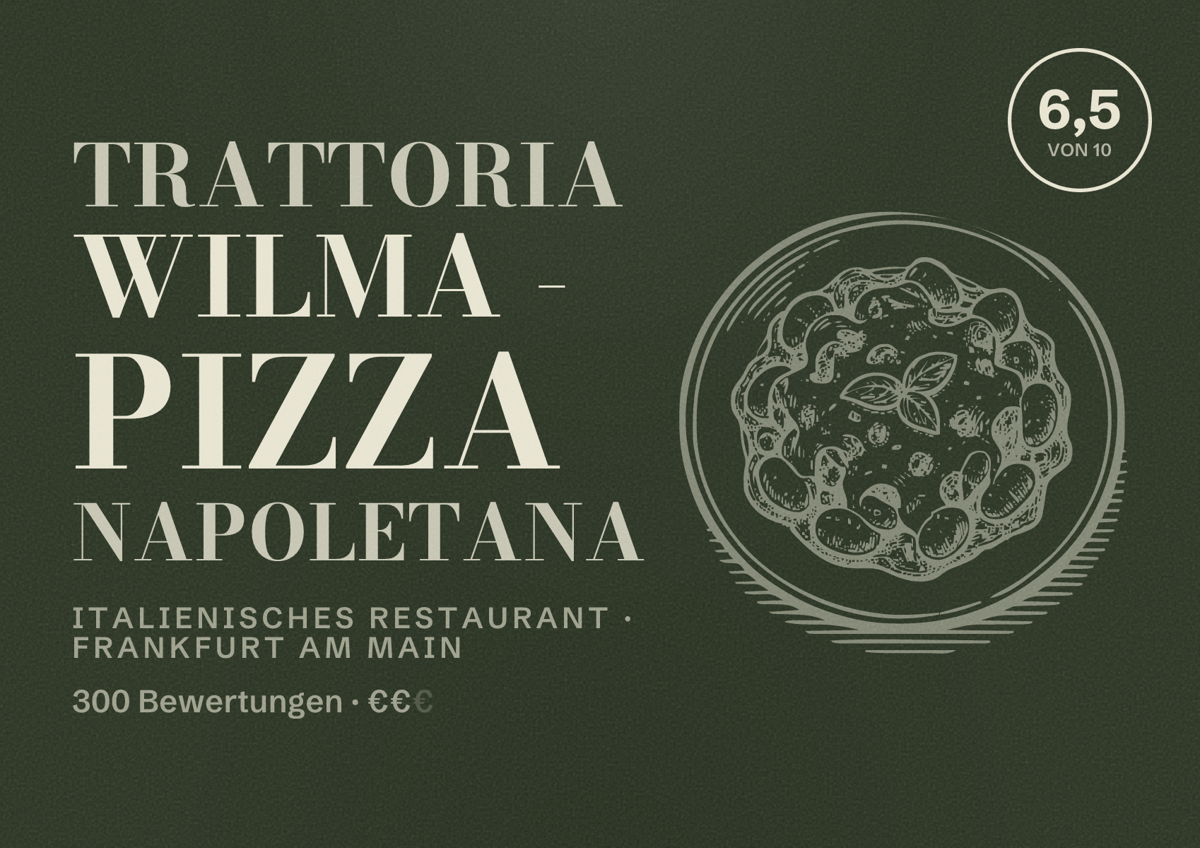 Illustriertes Poster von Trattoria Wilma - Pizza napoletana, Italienisches Restaurant in Frankfurt am Main: Bewertung 6,5 von 10 aus 300 Bewertungen, Preisniveau €€